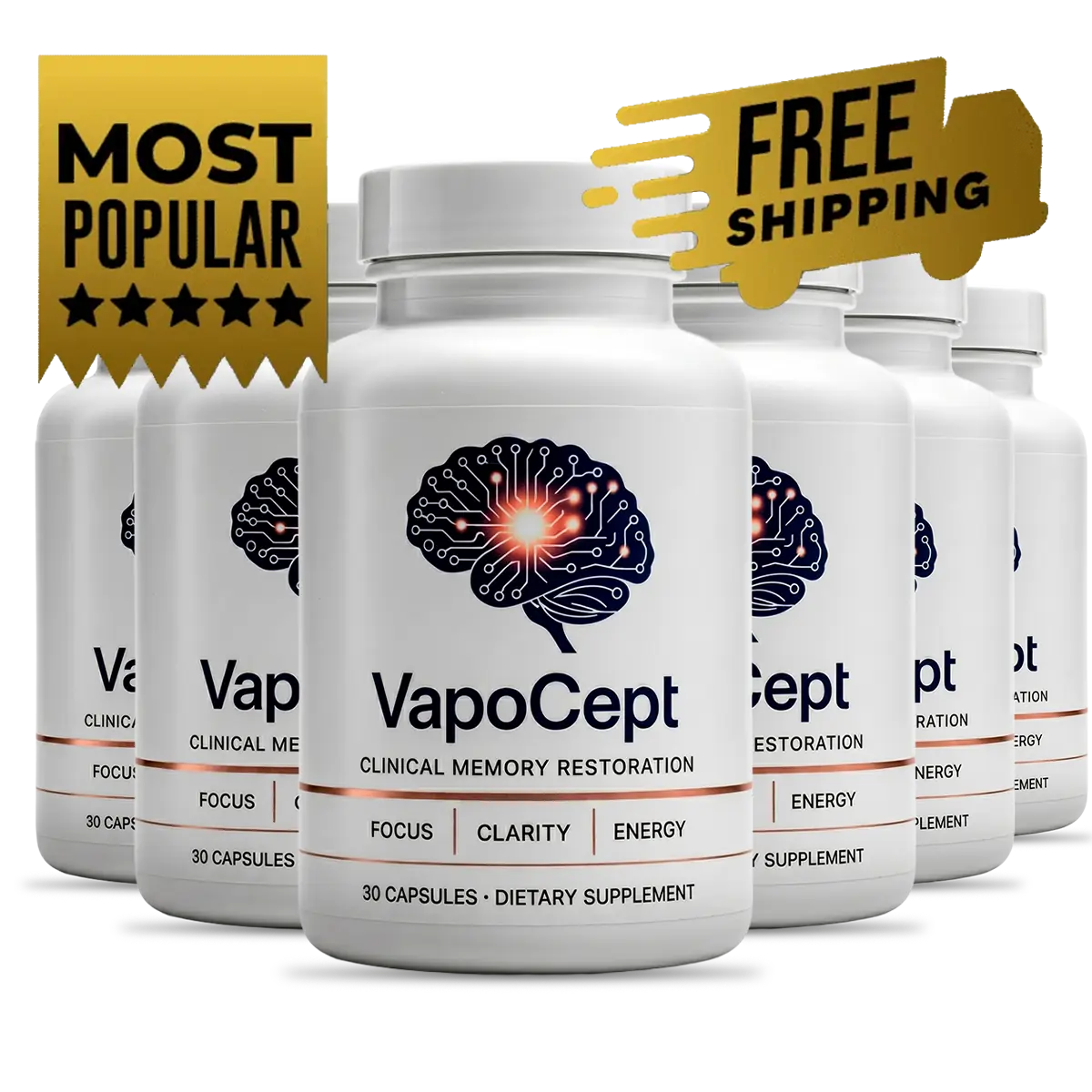 Six bottles of VapoCept brain support supplement, most popular 180 day supply with free shipping