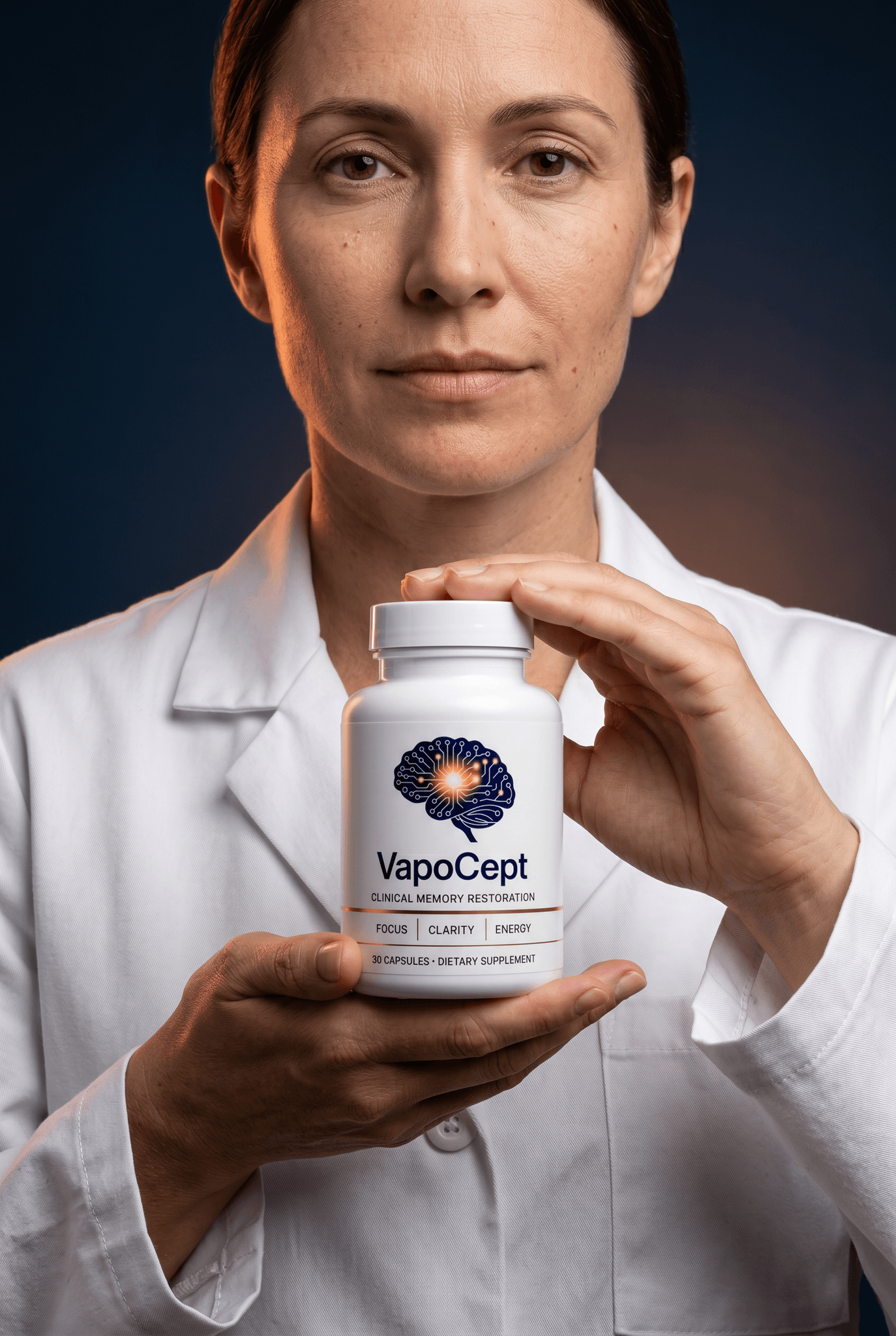 Female professional doctor in white lab coat holding a VapoCept cognitive supplement bottle, confide